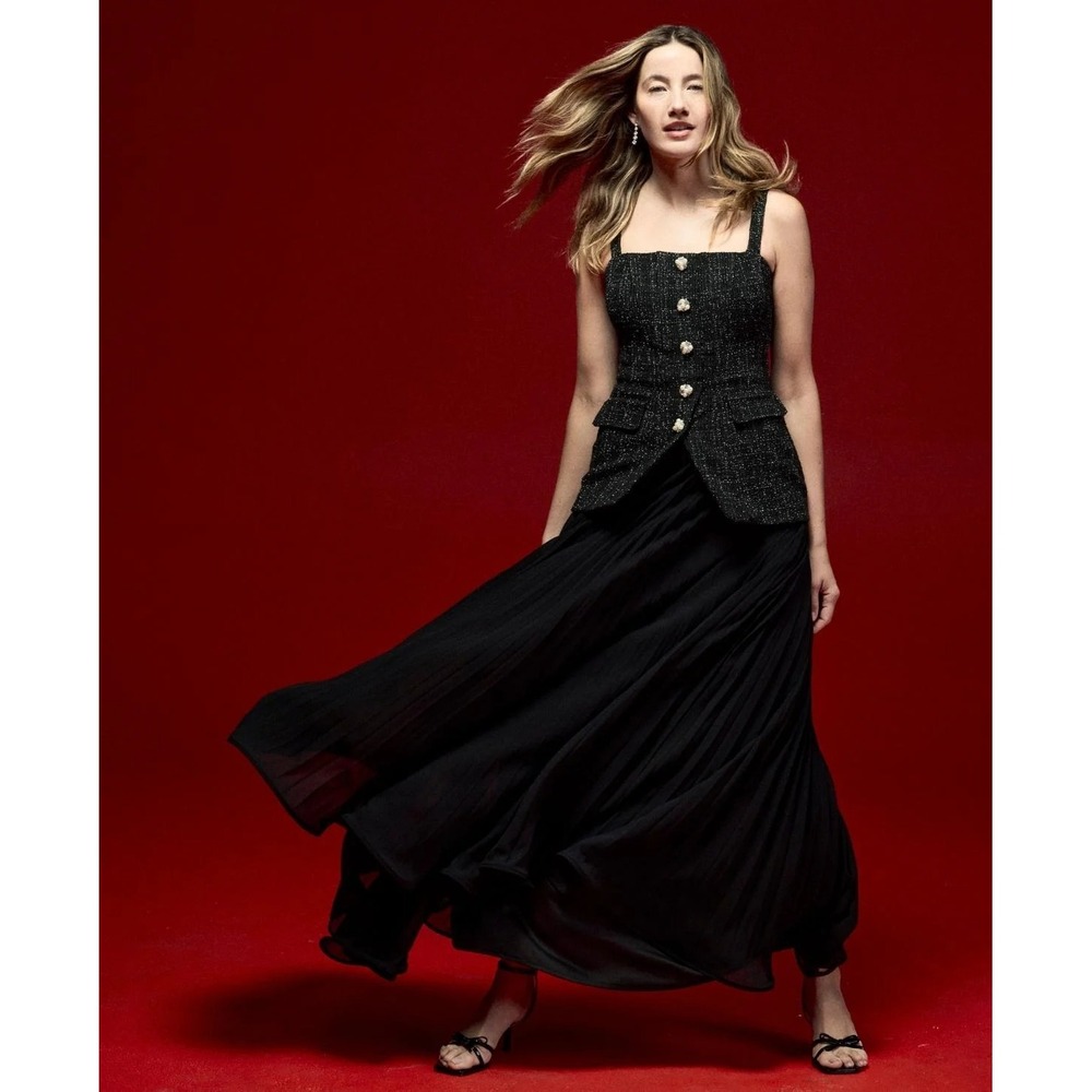 Taylor 16 Black Tweed Structured Bodice Pleated Chiffon Skirt Evening Gown NWT